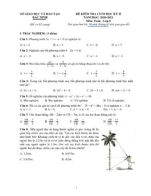 Đề kiểm tra cuối học kì II môn Toán Lớp 8 - Năm học 2020-2021- Sở giáo dục và đào tạo Bắc Ninh (Có đáp án)